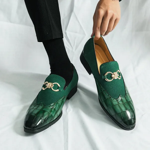 Men's Plaid Leather Patchwork Buckle Decor Slip On Pointed Toe Loafers Shoes