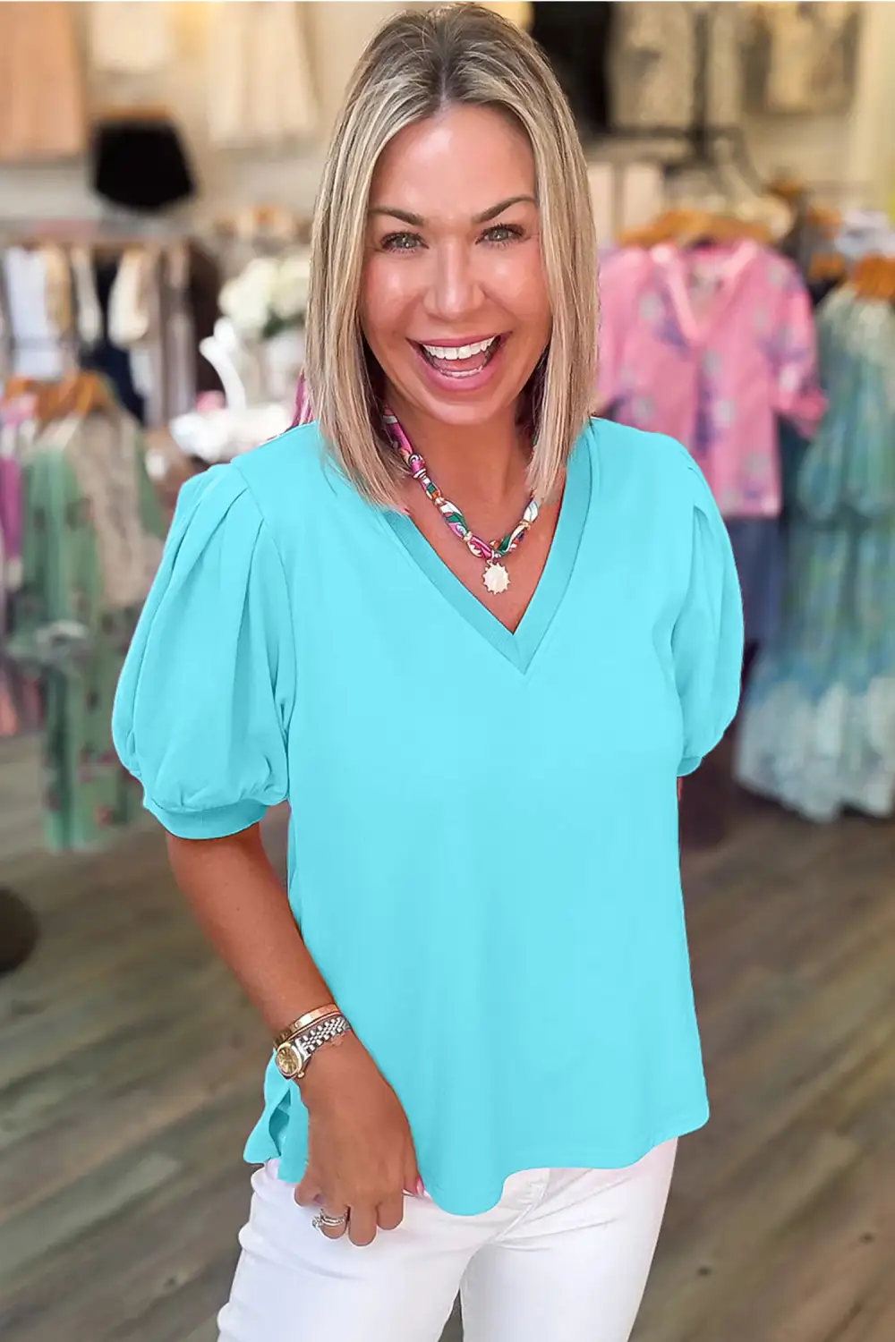 Modern Puff Sleeve V Neck Blouse