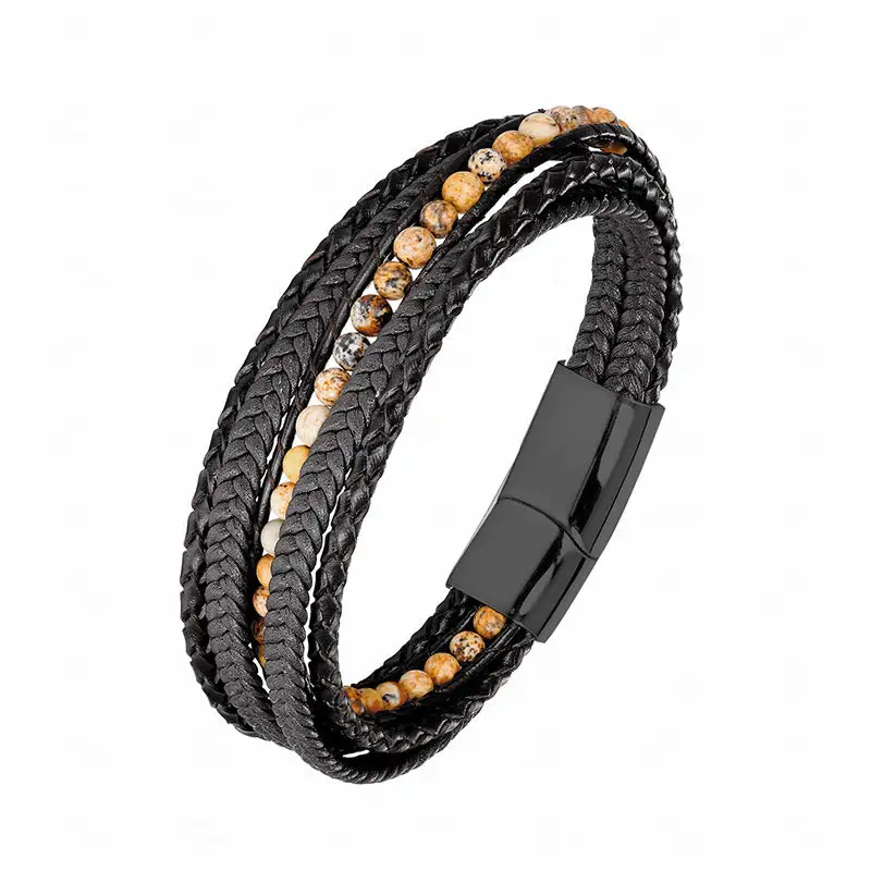Hematite Agate Tiger Eye Amazonite Beaded Leather Bracelet