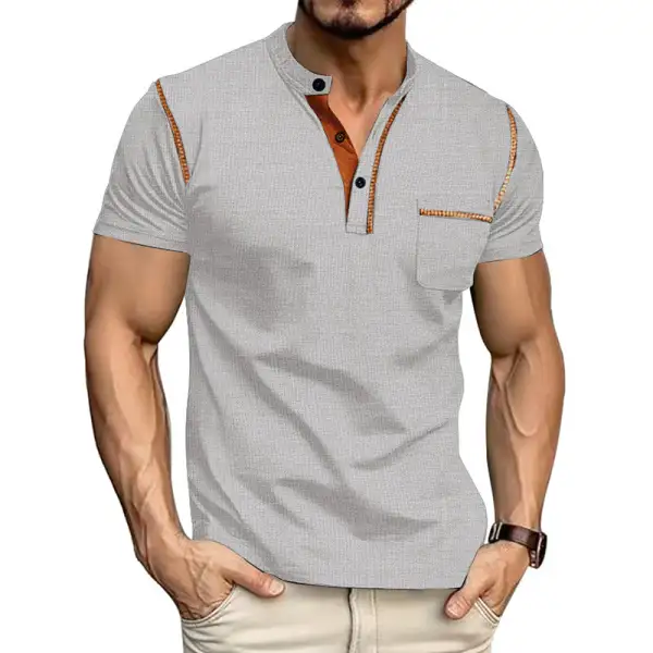 Button Placket Stand Collar Chest Pocket Cotton Polo Shirt