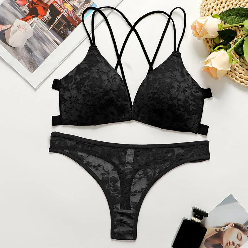 Backless Lace Front-Buckle Triangle Bra Set