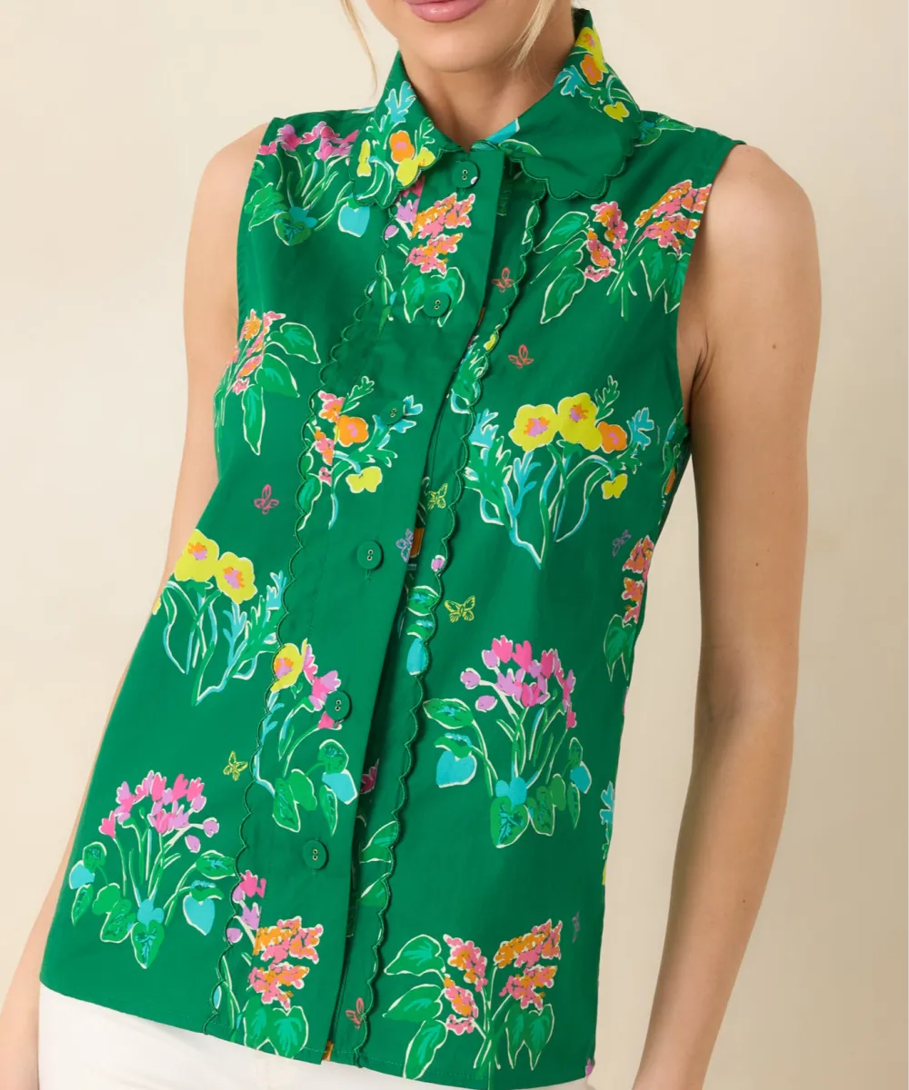 Button-Up Button-Front Sleeveless Scalloped Top