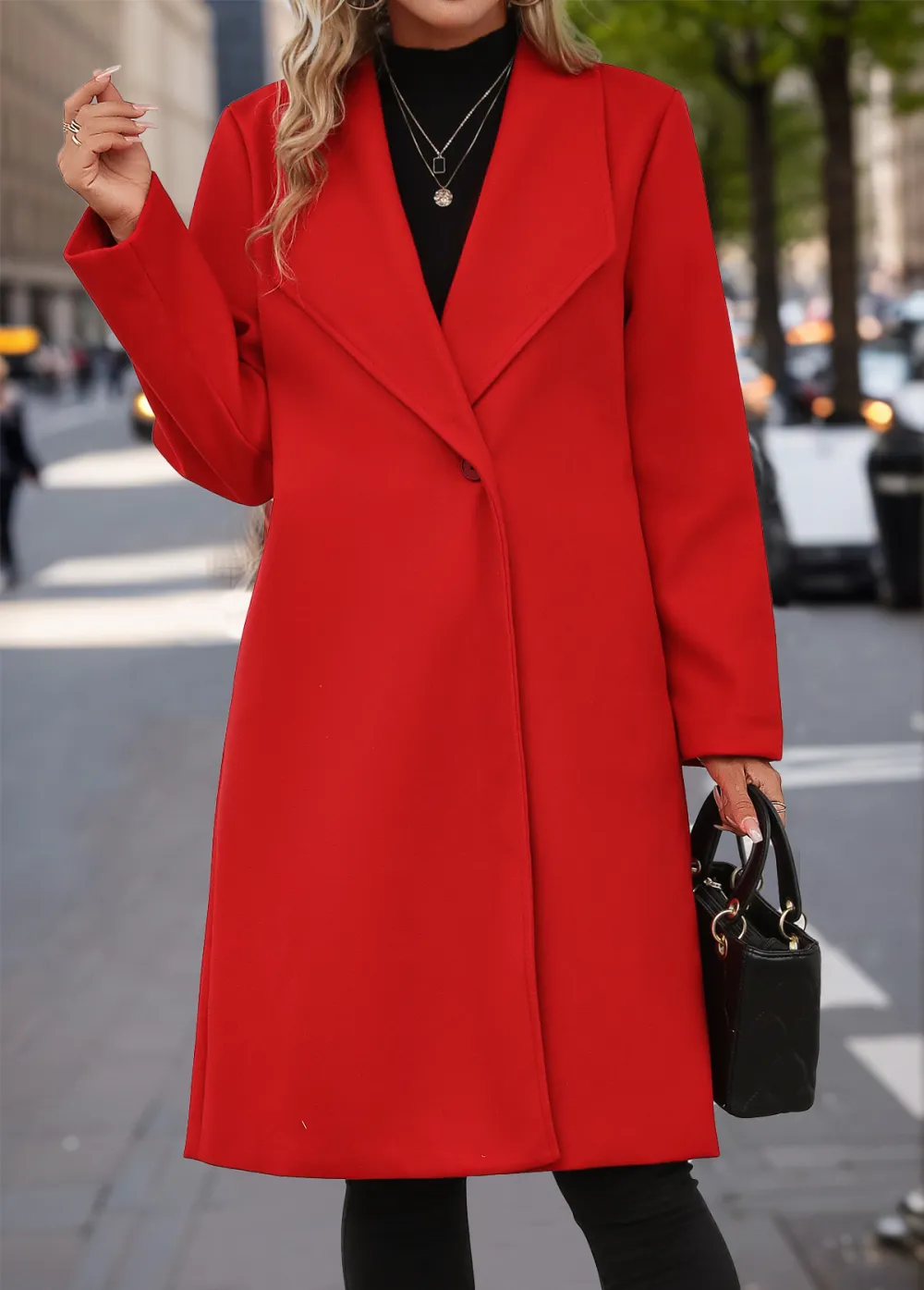 Red Button Long Sleeve Lapel Coat