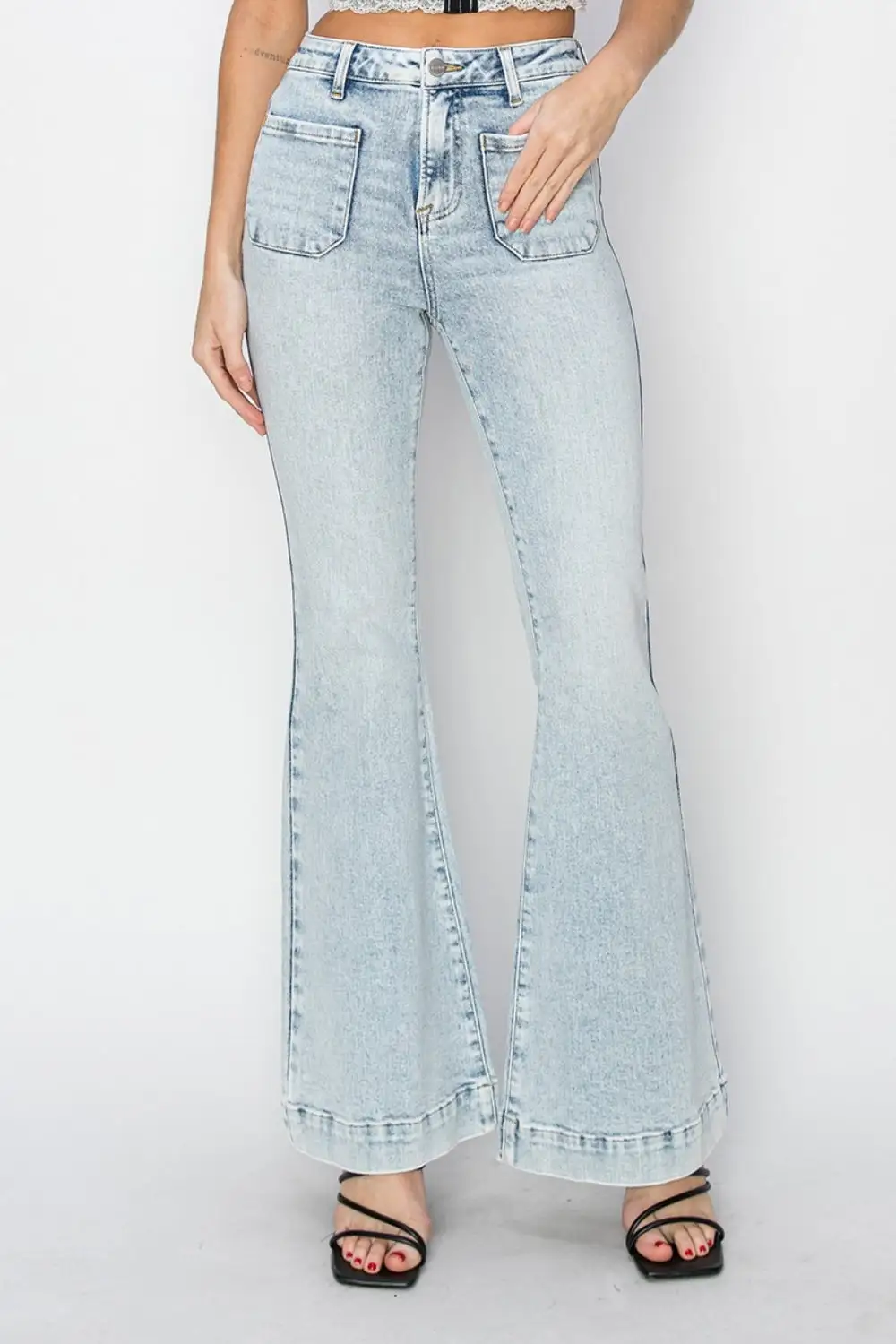 Structured High Waist Flare Leg Pocketed Denim Jeans