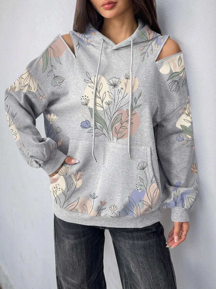 Women's Floral Botanical Abstract Printed Cold Shoulder Hoodie