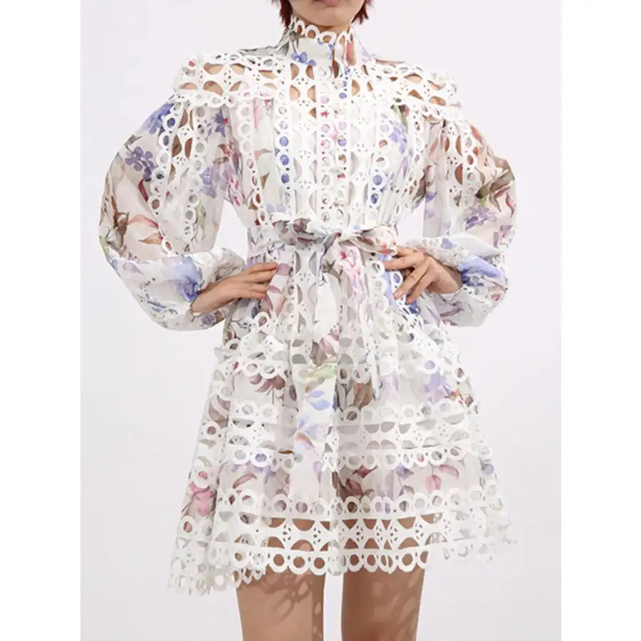 Lace Eyelet Mini Dress with Balloon Sleeves
