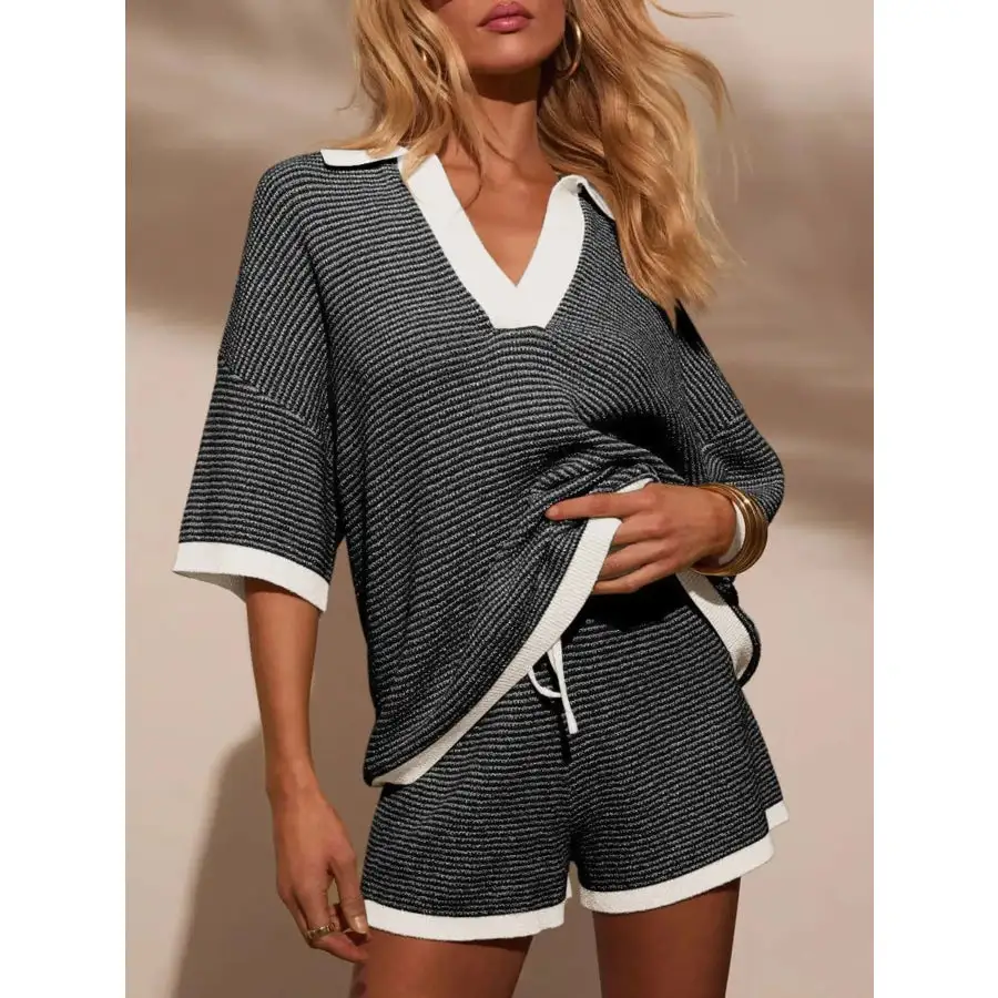 Collared Neck Contrast Striped Top and Shorts Sweater Set