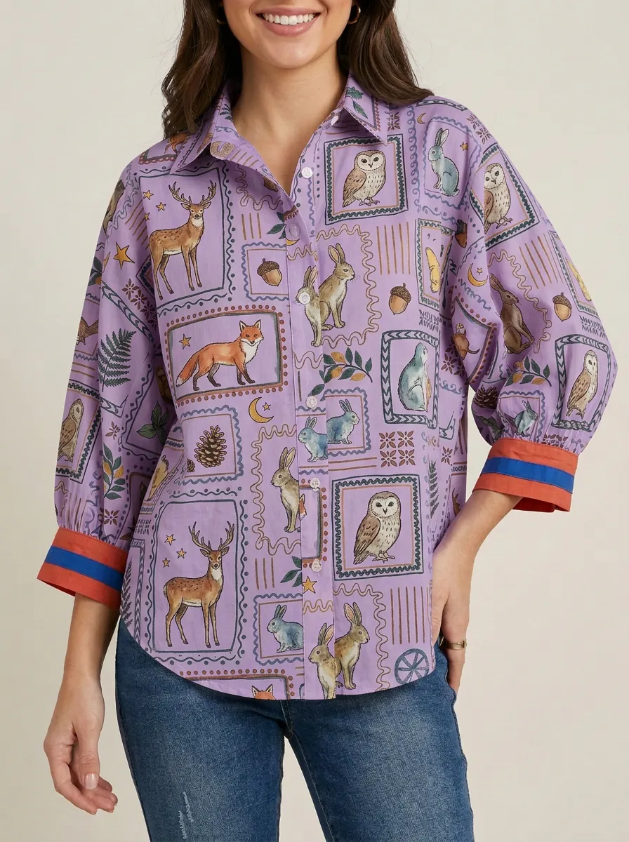 Women's Woodland Animal Stamp Pattern Printed Button-up Shirt