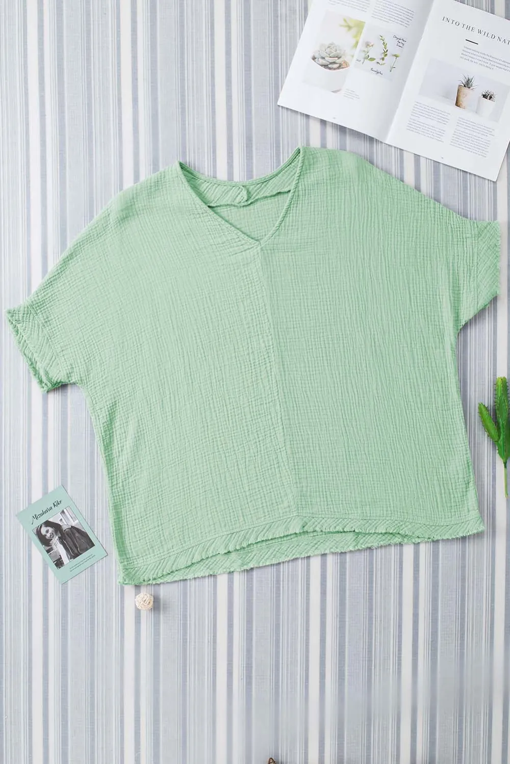 Green Frayed Batwing Sleeve Textured Blouse