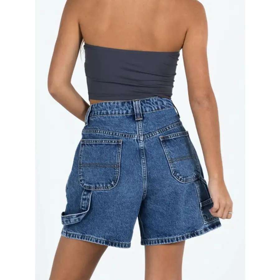 High Rise Pocketed Washed Denim Shorts