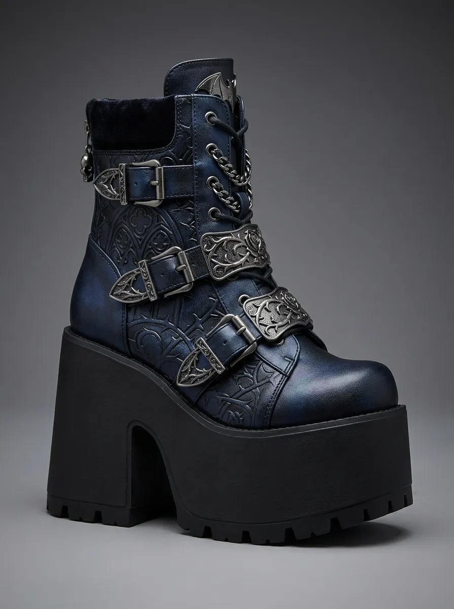 Darkwave Bat Chain Embossed Detail Women's Gothic Platform Boots