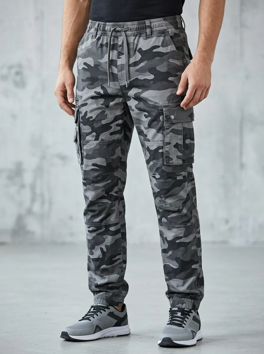 Men's Tactical Outdoor Grey Camouflage Printed Cargo Pants