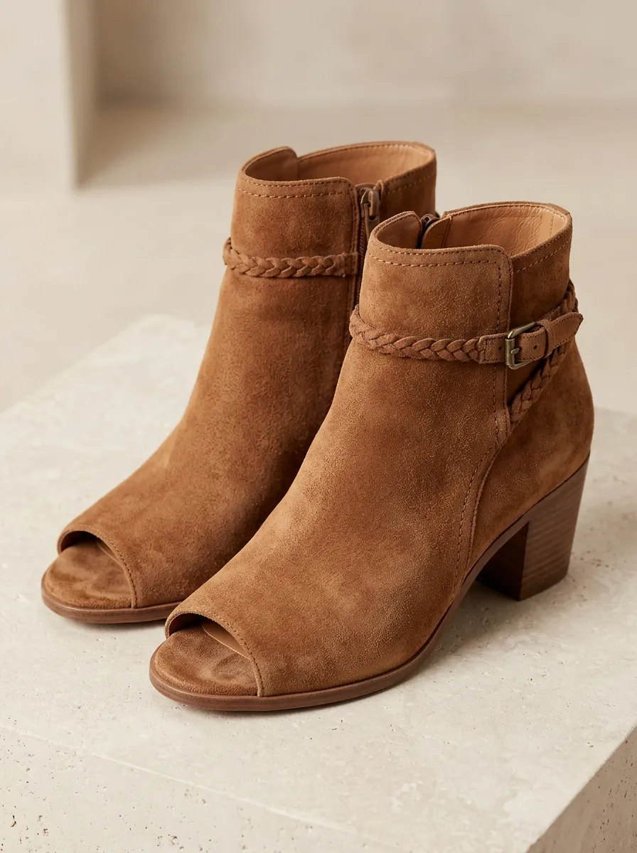 Braided-Strap Suede-Look Women's Peep-Toe Ankle Boots