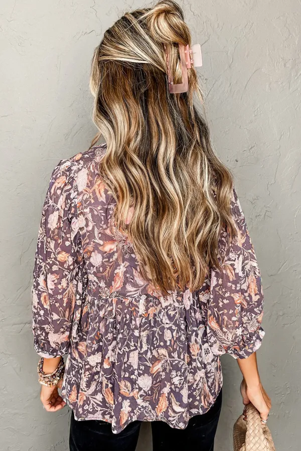 Blue Boho Flower Print Three Blouse