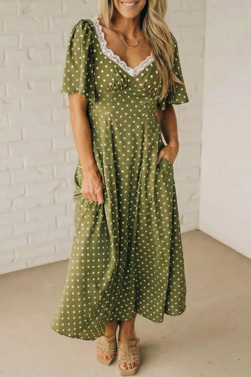 Polka Dot Print Lacy Neckline Smocked High Waist Maxi