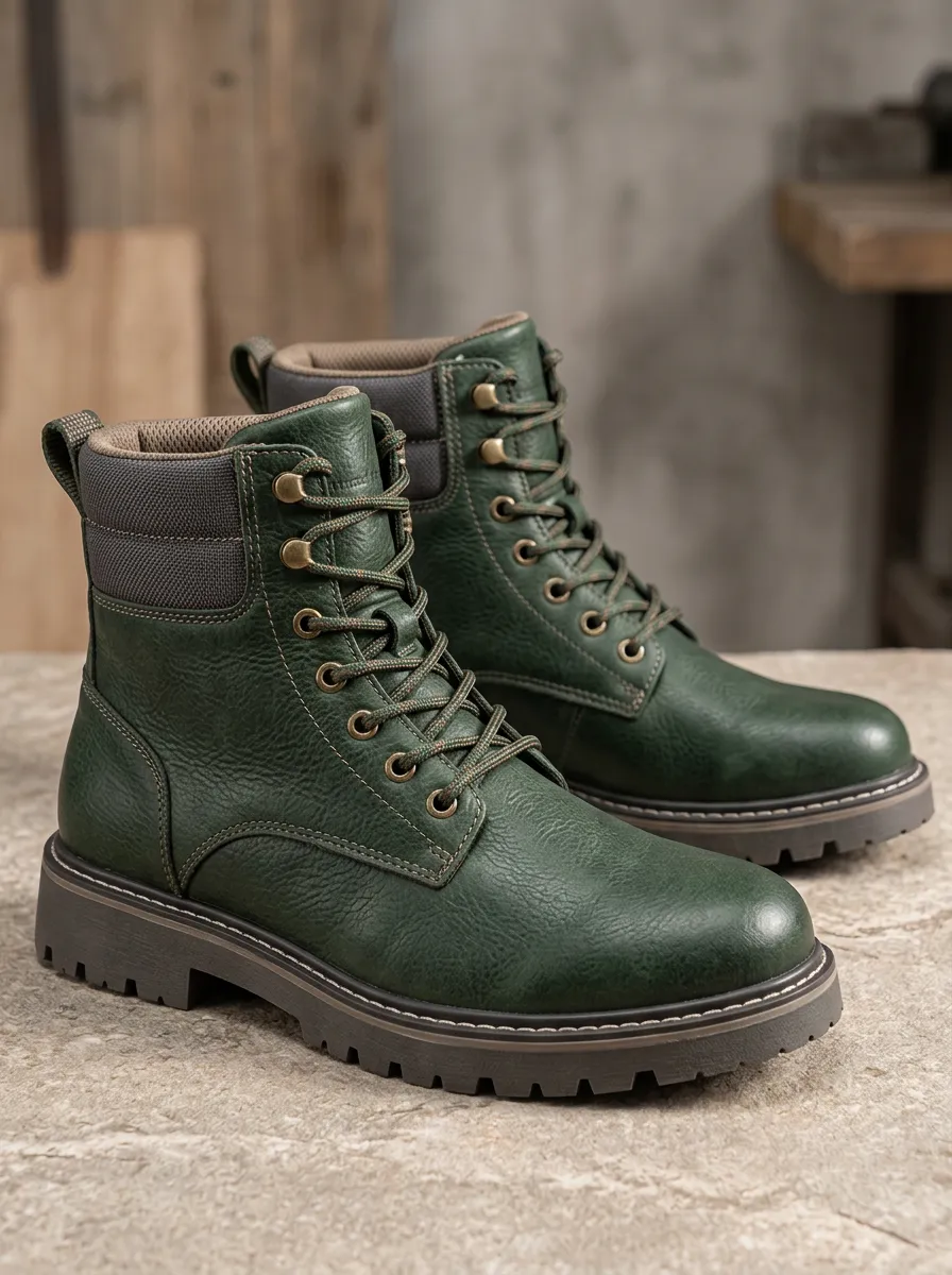 Men's Forest Green Leather Lace Up Combat Boots