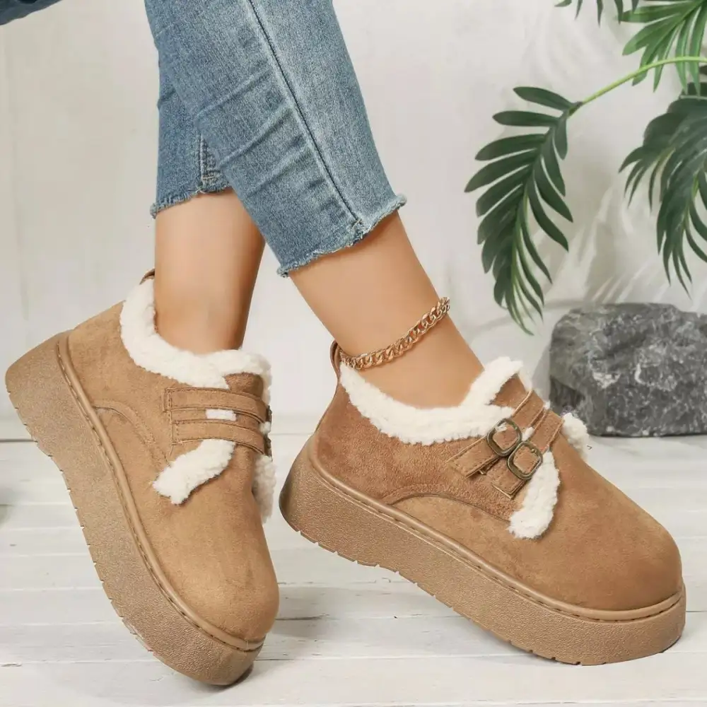 Buckle Strap Faux Fur Trim Platform Boots