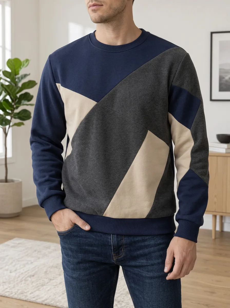 Men's Color Block Geometric Pattern Printed Fleece Sweatshirt