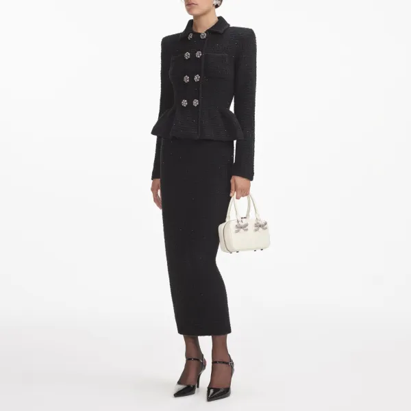 Black Textured Knit Peplum Midi Dress