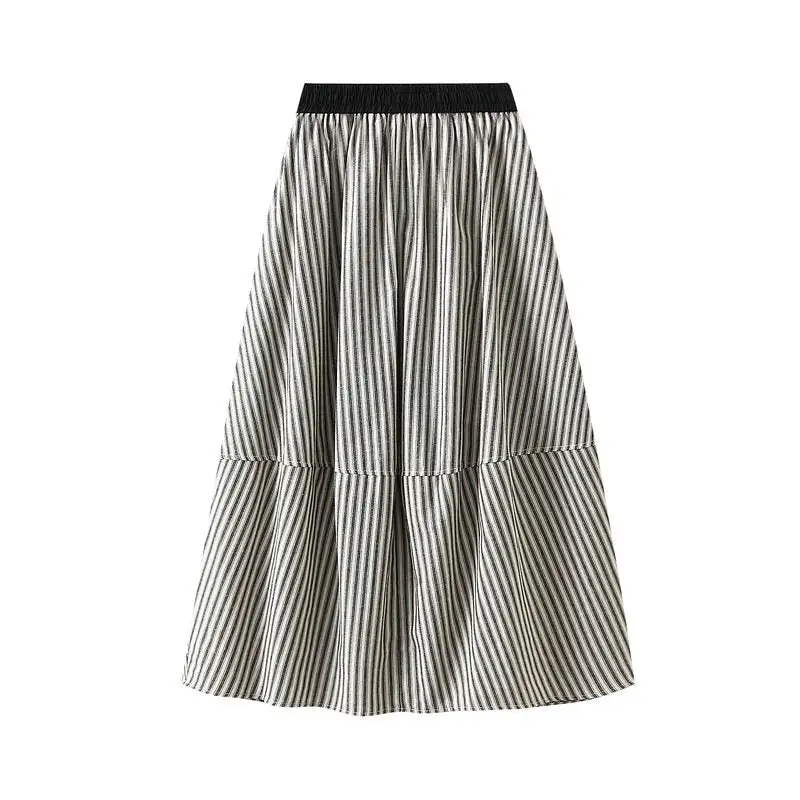 Streamlined A-Line Midi Skirt With Elastic Waist And Stripes