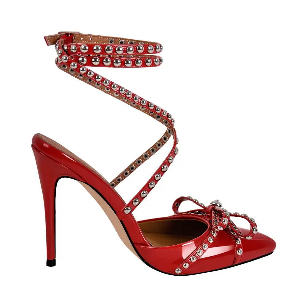 Sleek Rivet Pointed Toe Stiletto Ankle Strap Pumps