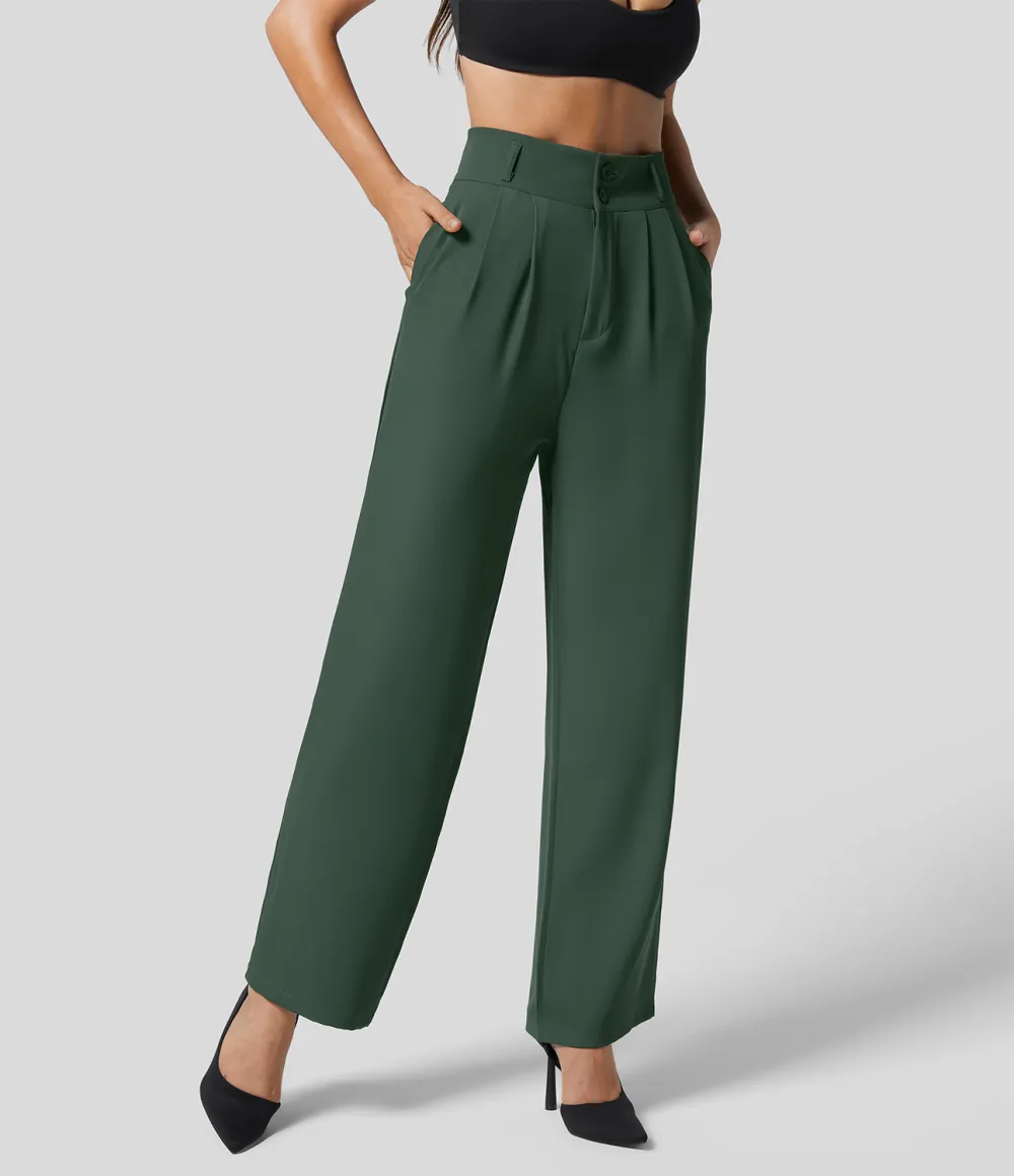 High Waisted Button Zipper Plicated Side Pocket Shirred Straight Leg Work Pants