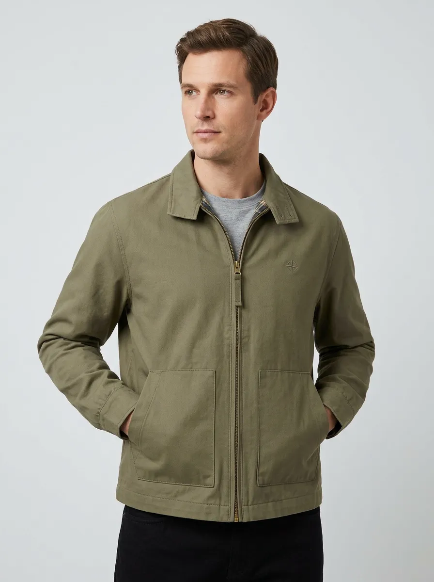 Men's Casual Outdoor Olive Green Embroidered Zip Jacket