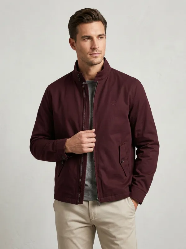 Men's Navy Casual Stand Collar Embroidered Zip Jacket