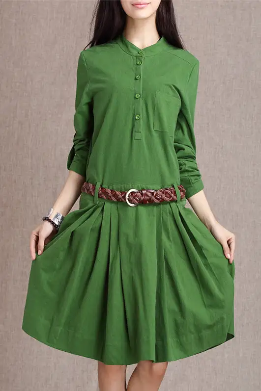 Linen Cotton Pleated Long Sleeve Midi Dress