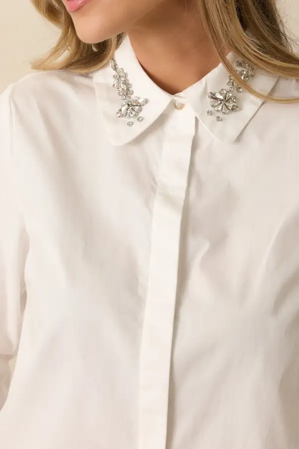 Button-Up Long-Sleeve Jewel-Collar Cotton Blouse