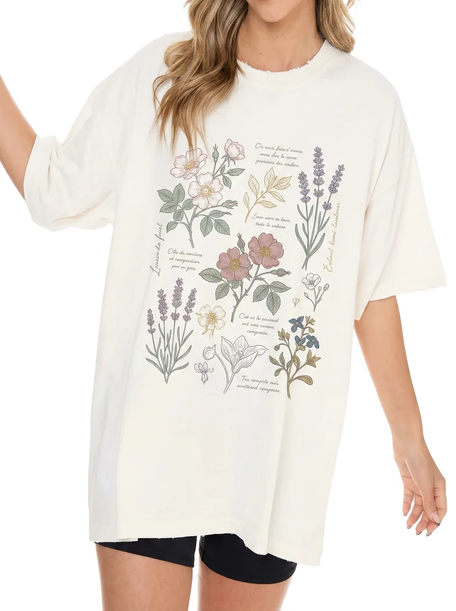 Women's Botanical Garden Floral French Script Printed T-shirt