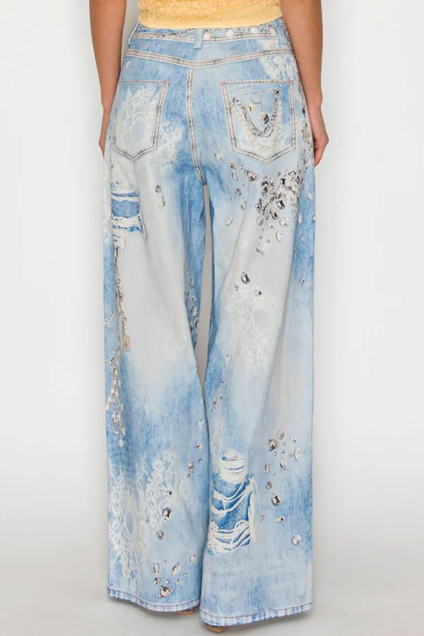 Printed Denim Effect Wide Leg Jeans