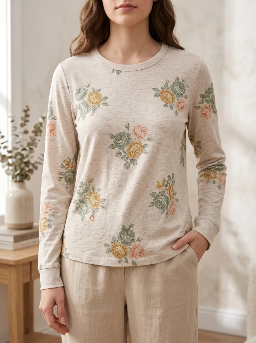 Women's Sweet Style Vintage Rose Floral Printed Long Sleeve Top