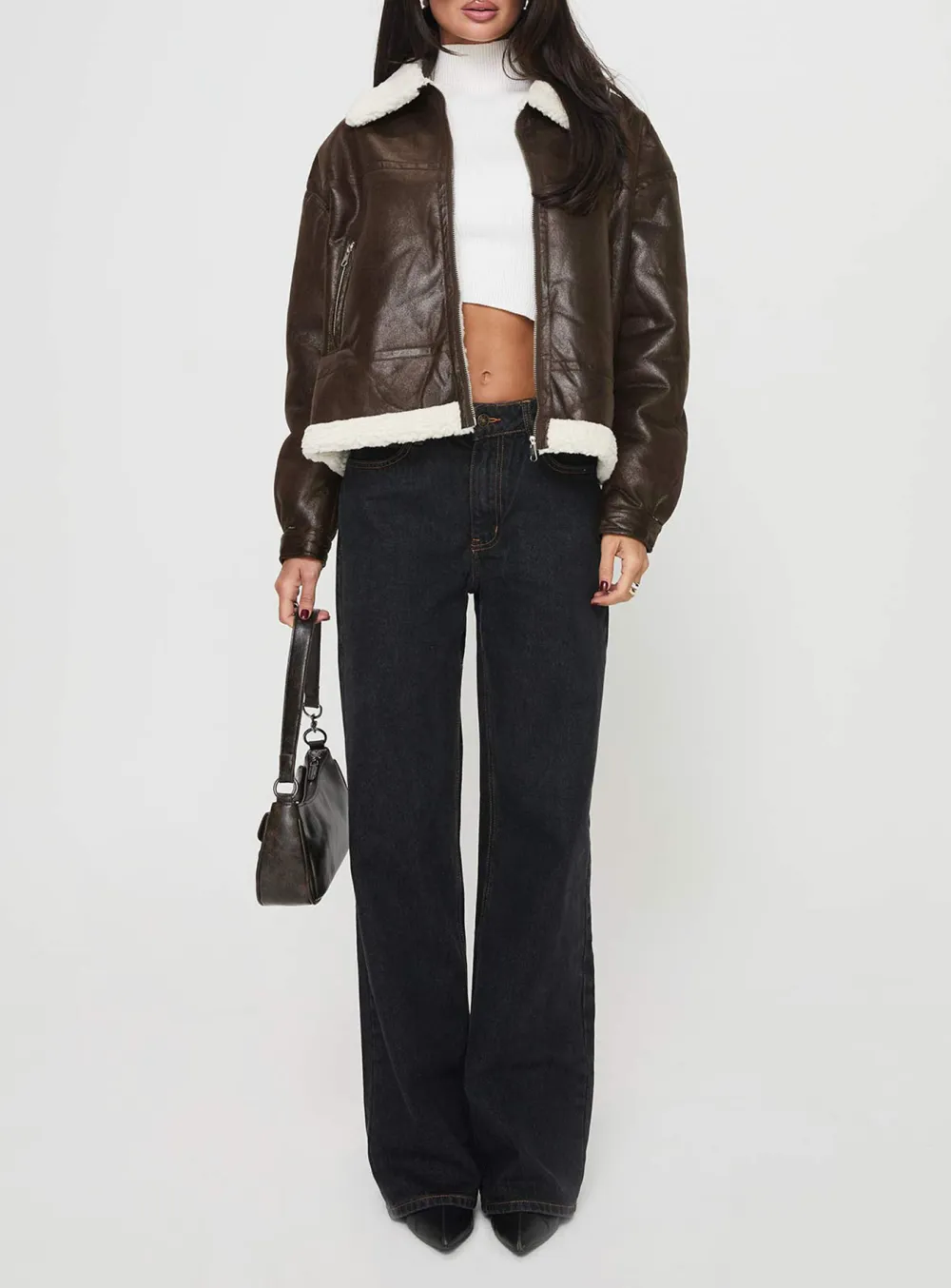 Brown Faux Leather Shearling Collar Jacket