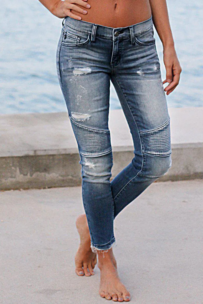 Ripped Raw Hem Low Rise Skinny Moto Jeans
