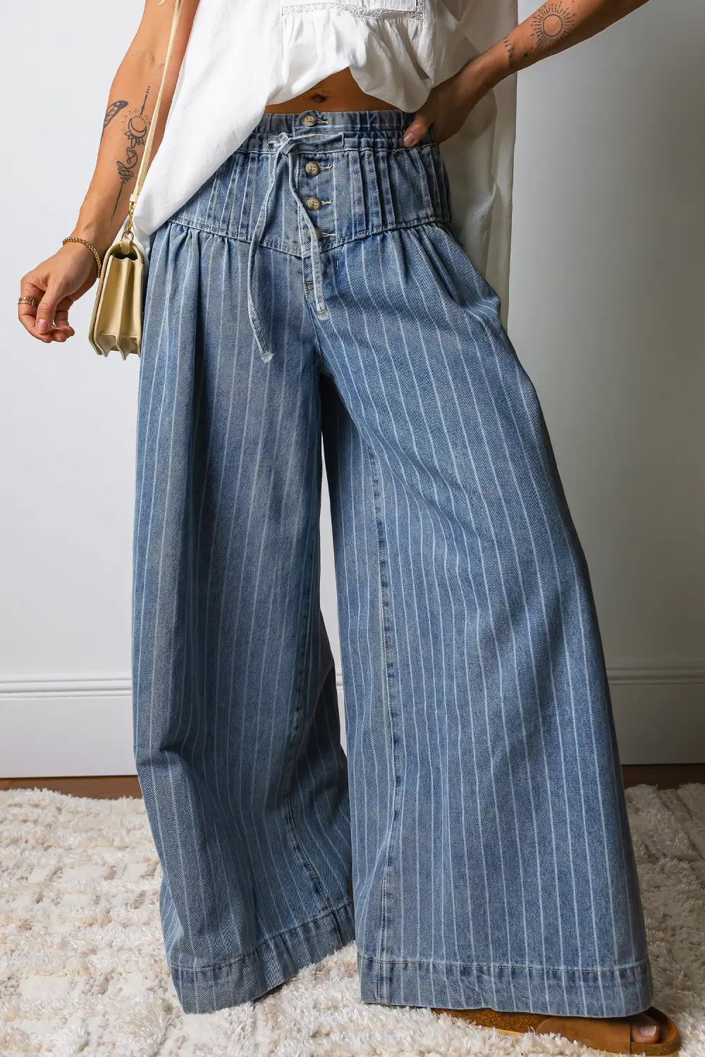Women's Stripe Button Pleated Drawstring Waist Casual Wide Leg Jeans