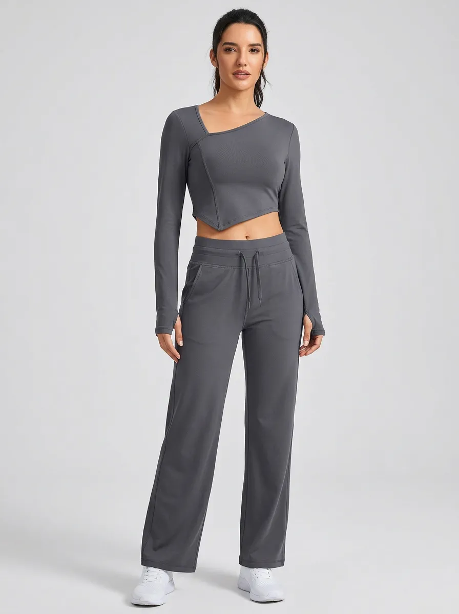 Women's Asymmetric Thumbhole Crop Top and Drawstring Wide-Leg Pant Set