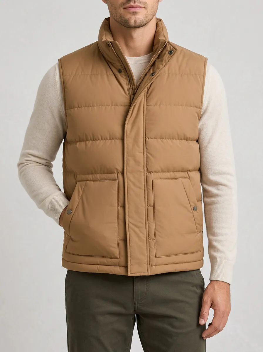 Men's Relaxed Camel Puffer Layering Vest with Stand Collar Detail