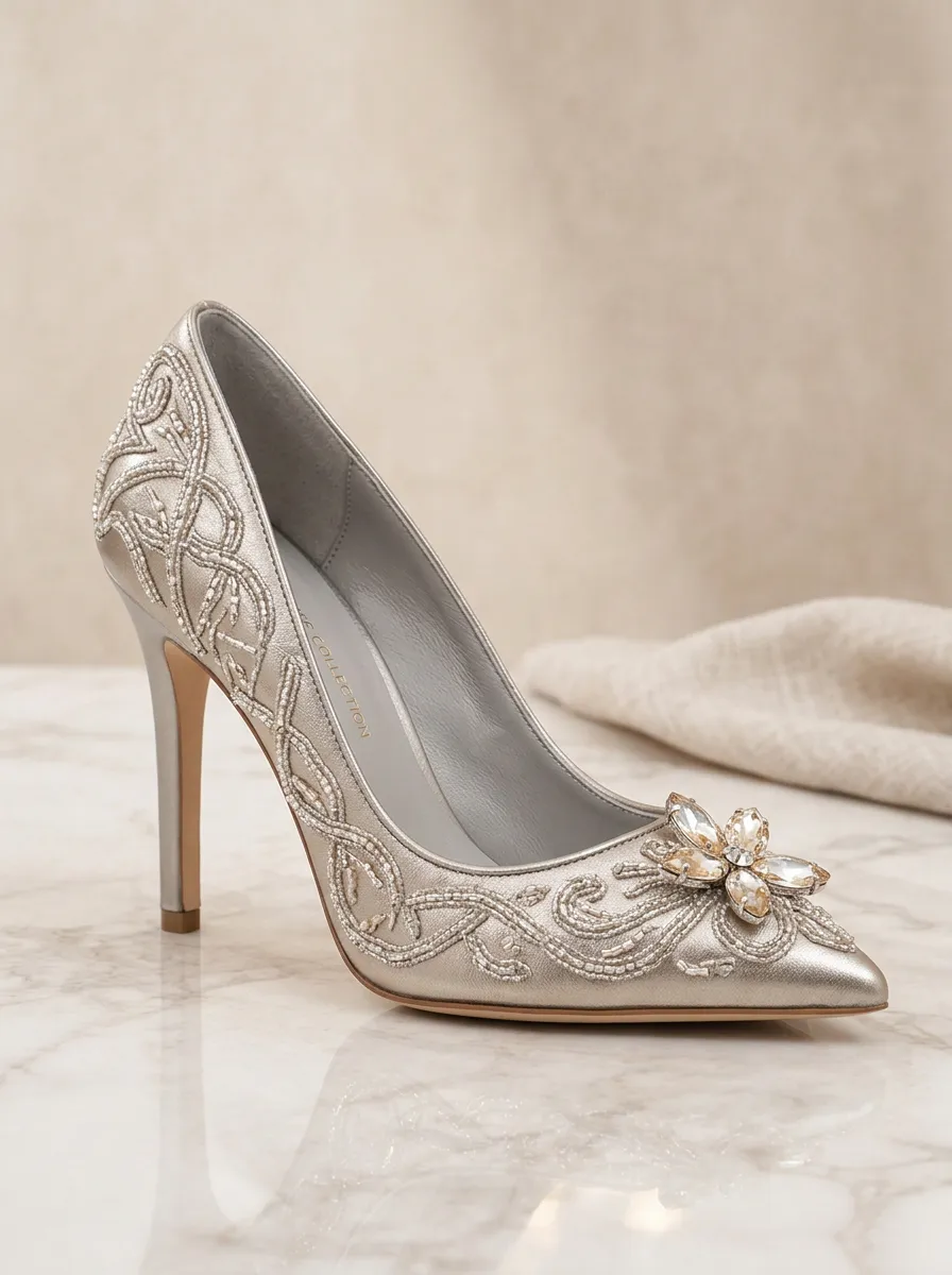 Rhinestone Floral Embroidered Bridal Women's Formal High Heels