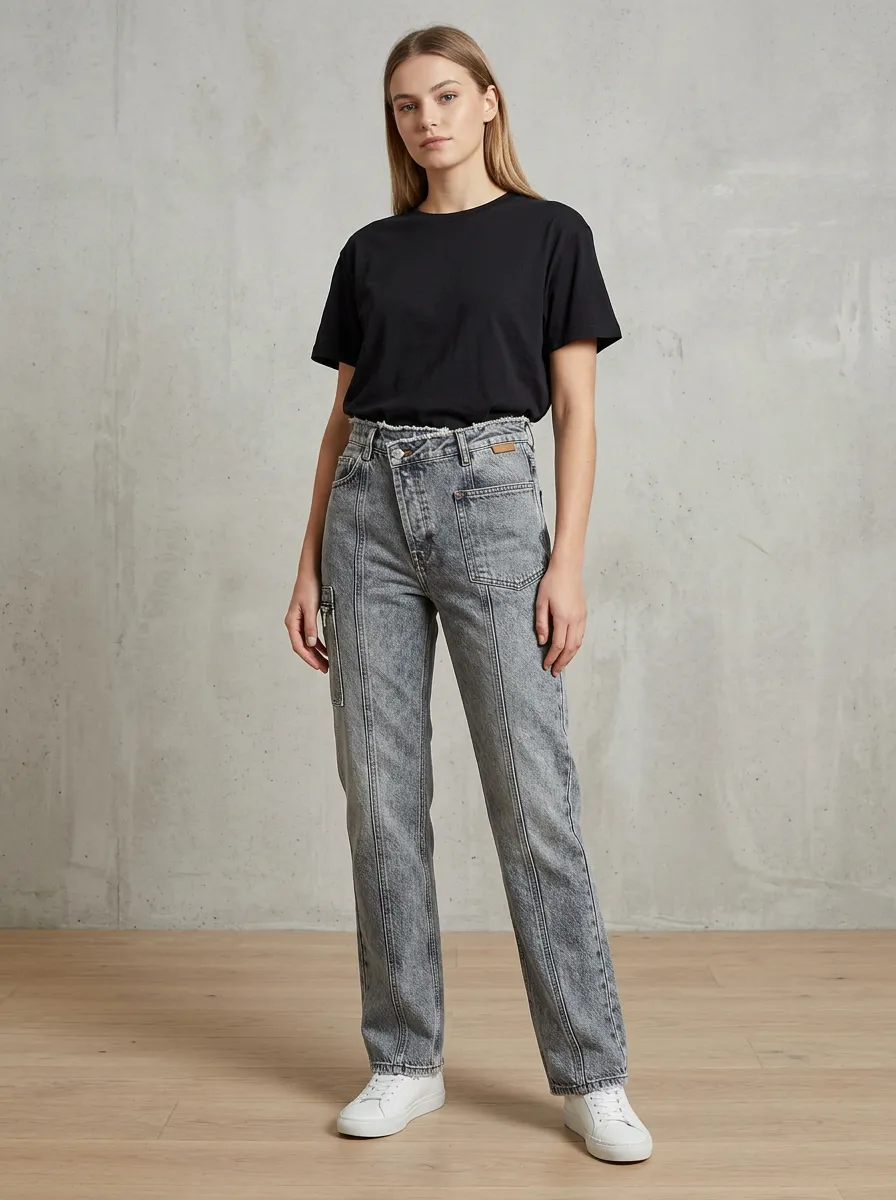 Women's Vintage Grey Acid Wash Asymmetric Waist Denim Pants