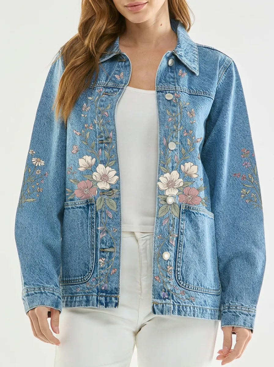 Women's Front Panel Floral Butterfly Nature Lover Denim Jacket