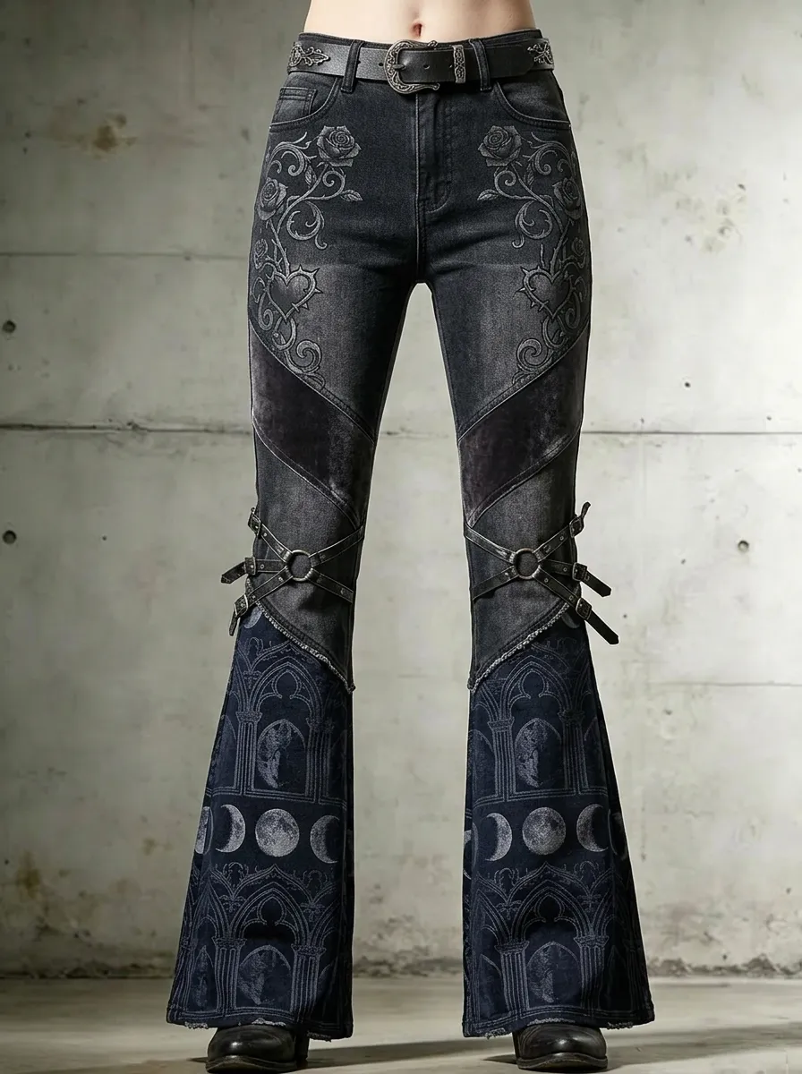 Dark Rose Moon Phase Moon Design Women's Gothic Flare Pants