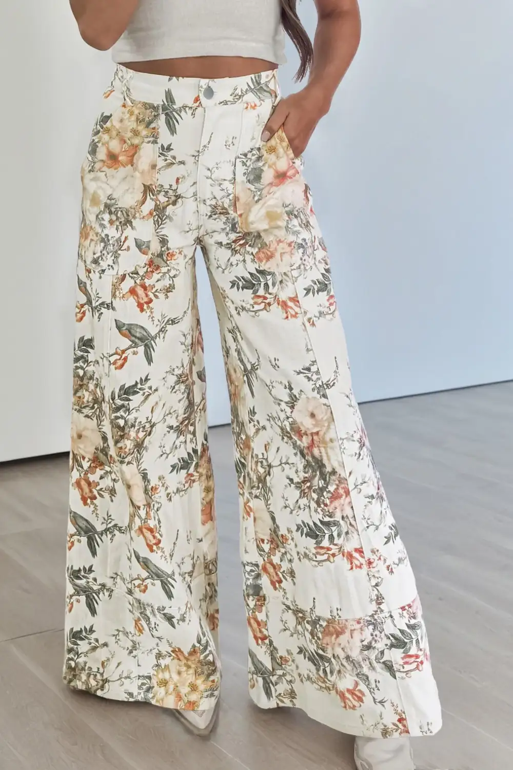Women's Vintage Style Floral Print High Waist Wide Leg Jeans