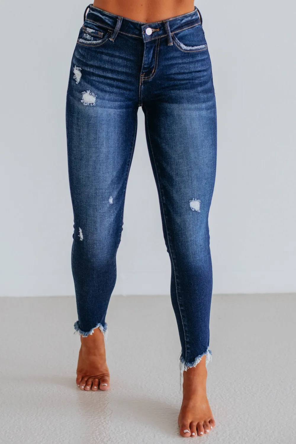 Women's Mid Rise Skinny Fit Raw Hem Jeans