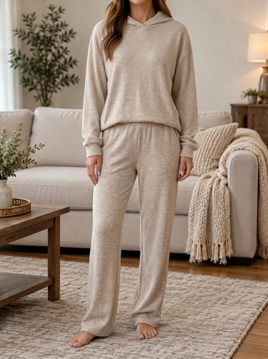 Women's Beige Heathered Long Sleeve Hoodie and Pants Set