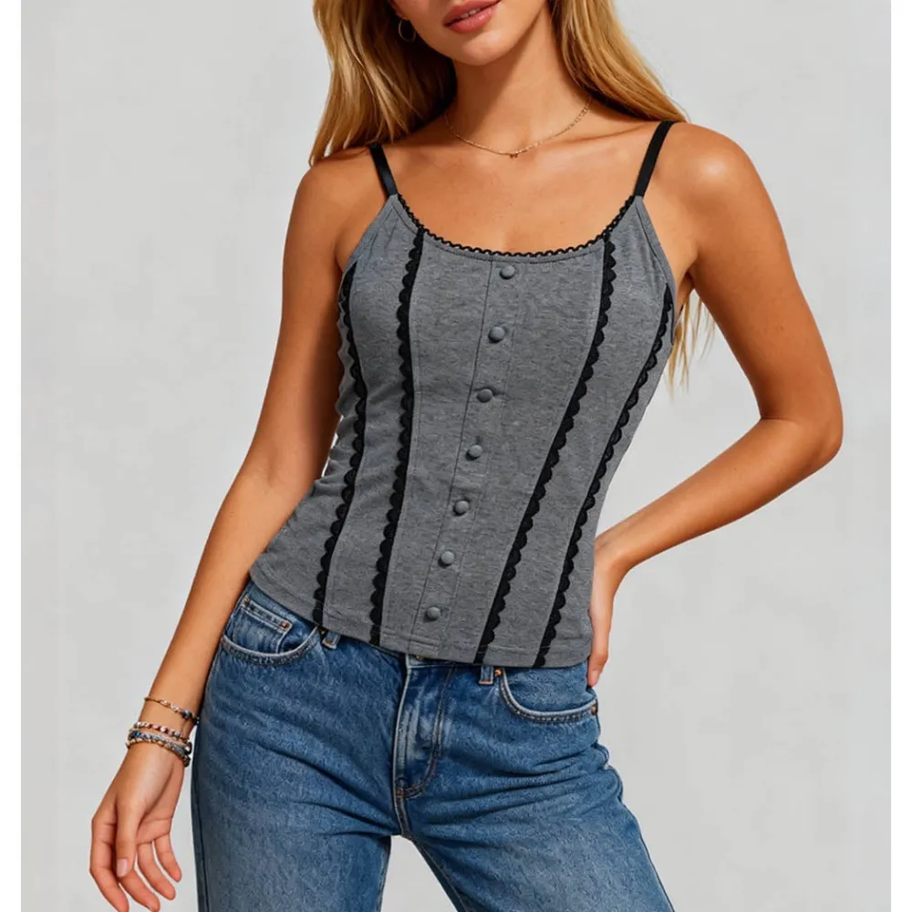 Contrast Trim Scoop Neck Faux Button Corset Cami Top