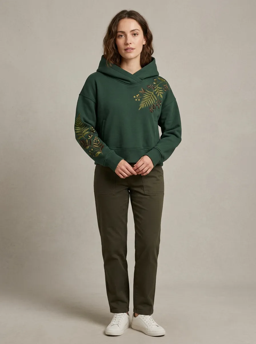 Women's Fern Leaf Embroidered Graphic Nature Everyday Layer Hoodie