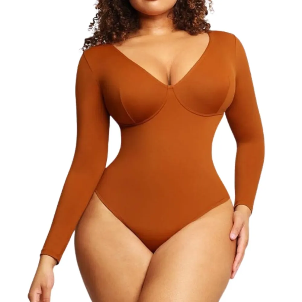 V Neck Long Sleeve Thong Bodysuit