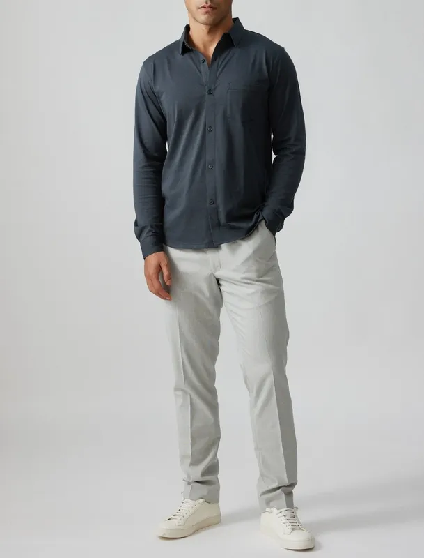 Charcoal Cotton Jersey Button-Up Shirt