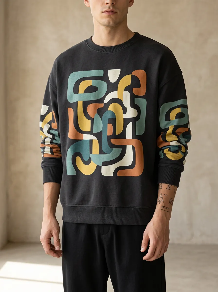 Abstract Geometric Art Graphic Crewneck Sweatshirt With Ribbed Trim